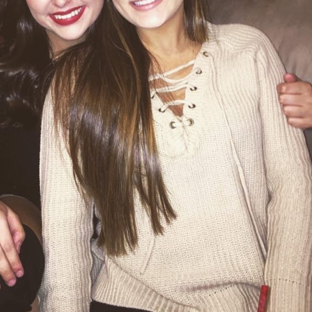 Tan sweater with lace up tie